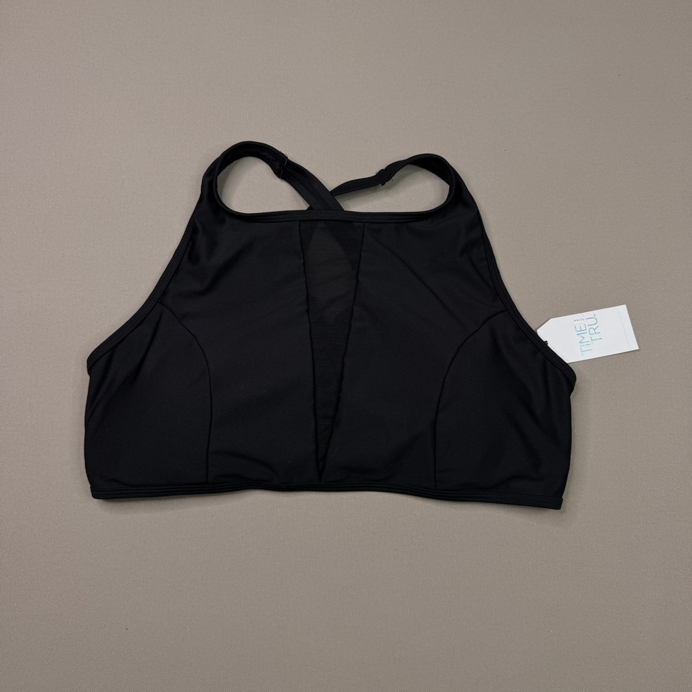 Time and Tru Womens XL Black High Neck Mesh Inset Bikini Swim Top NWT